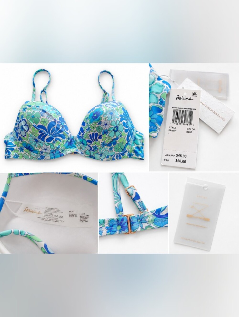 Raisins Moonshadow Floral Push-Up Underwire Bikini Top Blue Green NWT Size L